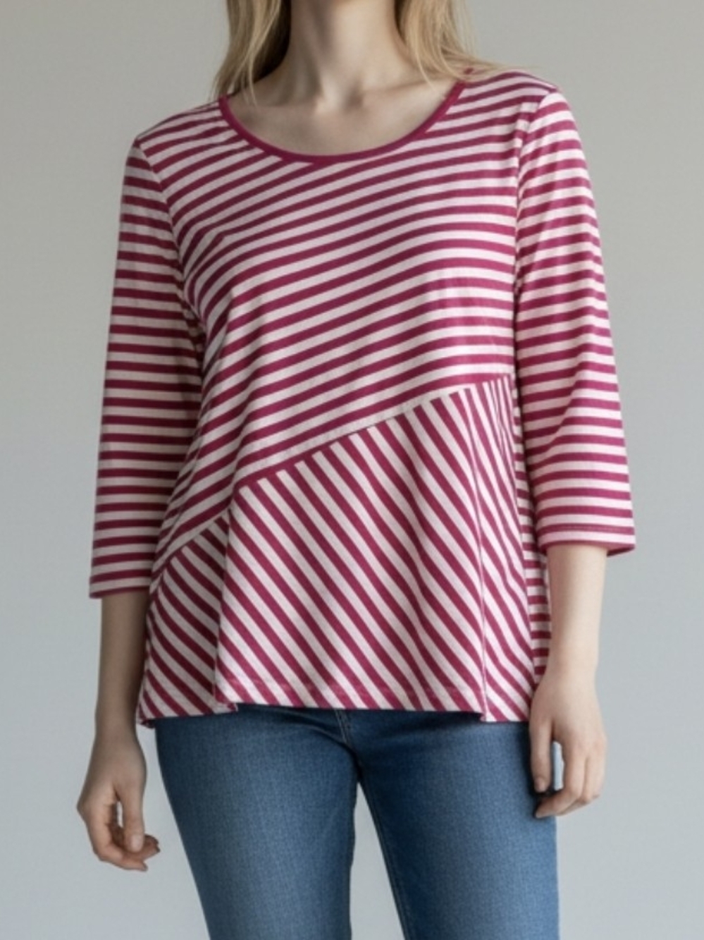 Striped Pink & White Long Sleeve Scoop Neck Top